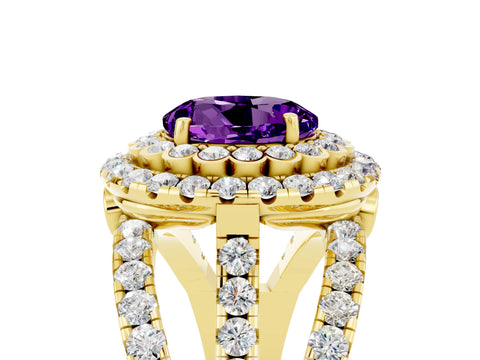 Yellow gold Double Halo Round Cut Diamond Split Shank Pave Set Ring_5