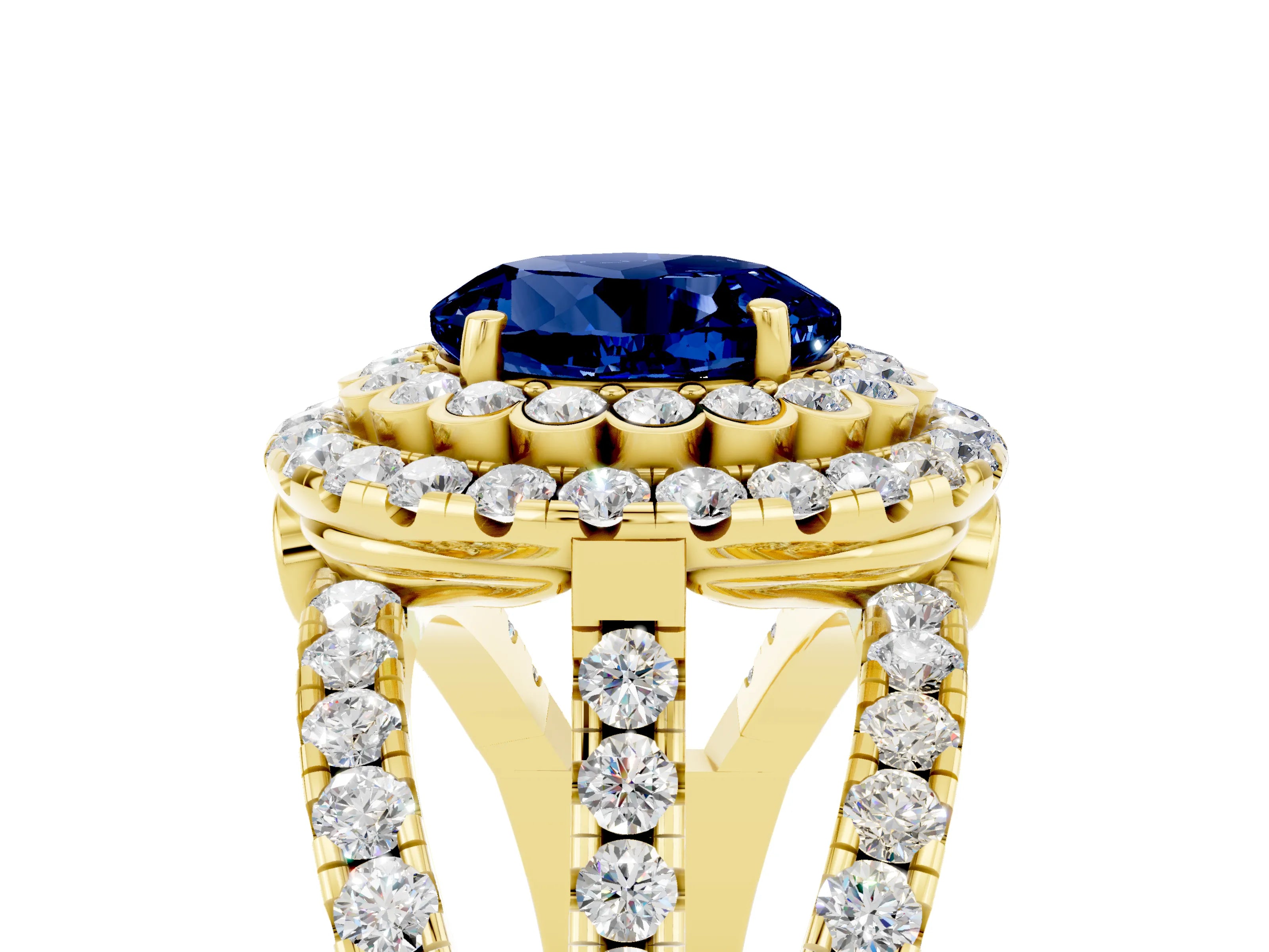 Yellow gold Double Halo Round Cut Diamond Split Shank Pave Set Ring_5