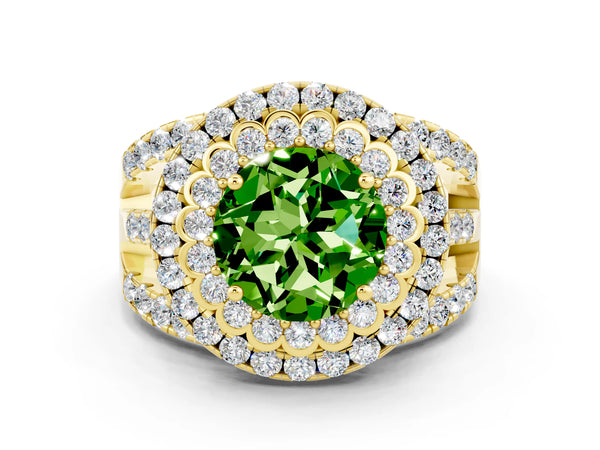 Yellow gold Double Halo Round Cut Diamond Split Shank Pave Set Ring