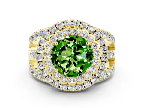 Yellow gold Double Halo Round Cut Diamond Split Shank Pave Set Ring