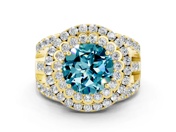Yellow gold Double Halo Round Cut Diamond Split Shank Pave Set Ring