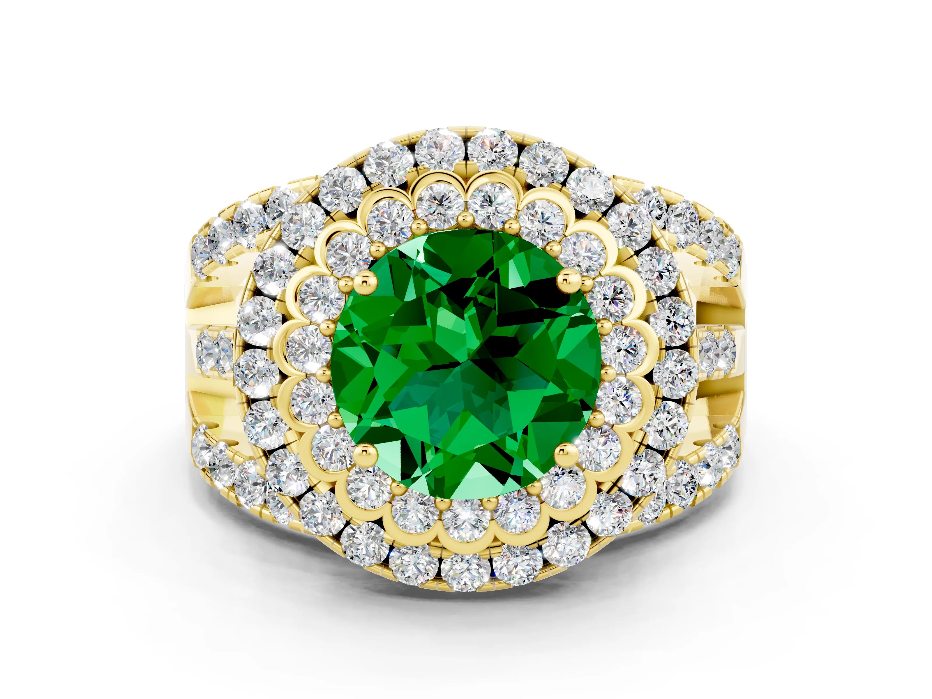 Yellow gold Double Halo Round Cut Diamond Split Shank Pave Set Ring