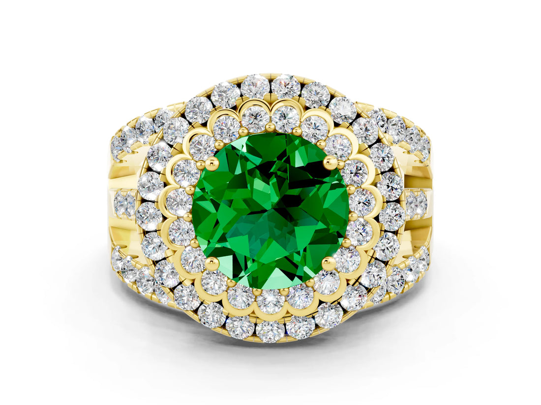 Yellow gold Double Halo Round Cut Diamond Split Shank Pave Set Ring