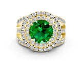 Yellow gold Double Halo Round Cut Diamond Split Shank Pave Set Ring