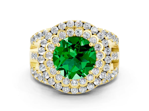 Yellow gold Round Cut Emerald Double Halo Ring with Round Pavé Split Shank and Prong Setting