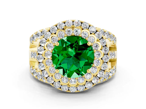 Yellow gold Double Halo Round Cut Diamond Split Shank Pave Set Ring