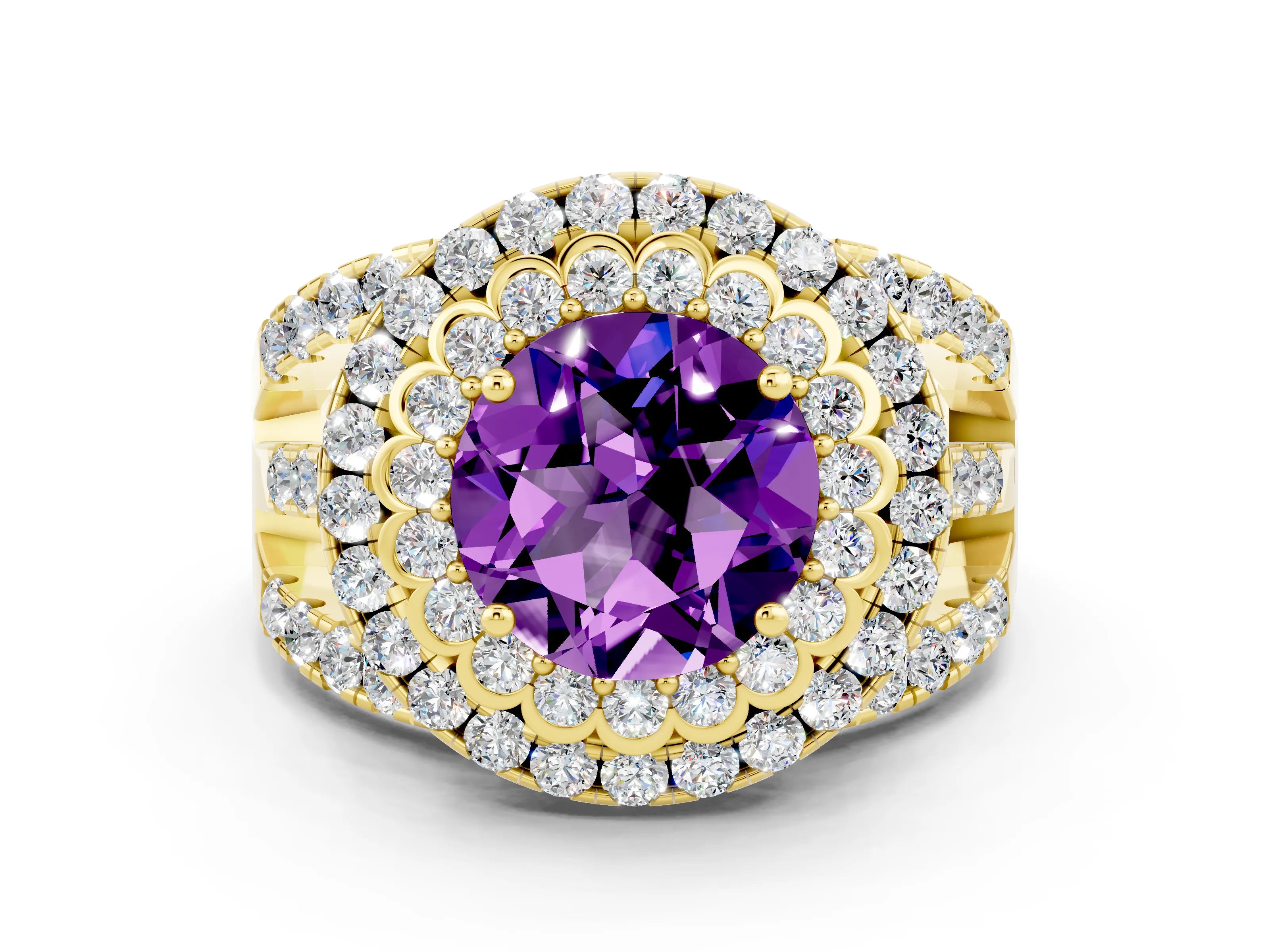 Yellow gold Double Halo Round Cut Diamond Split Shank Pave Set Ring