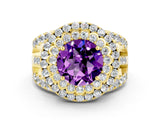 Yellow gold Double Halo Round Cut Diamond Split Shank Pave Set Ring