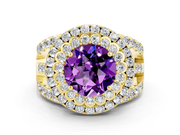 Yellow gold Round Cut Amethyst Double Halo Ring with Round Pavé Split Shank and Prong Setting