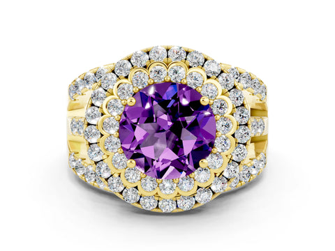 Yellow gold Double Halo Round Cut Diamond Split Shank Pave Set Ring