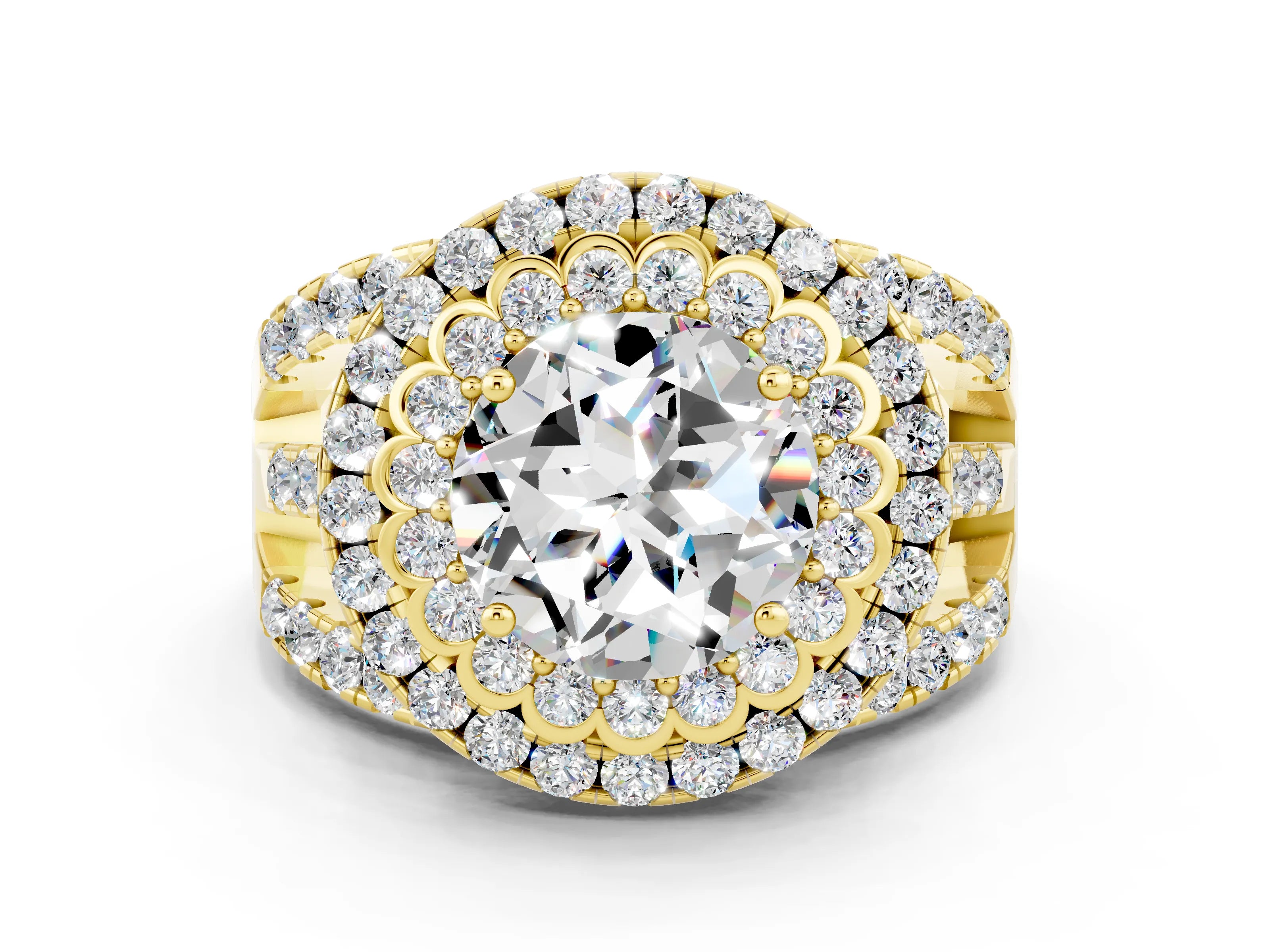 Yellow gold Double Halo Round Cut Diamond Split Shank Pave Set Ring