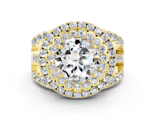 Yellow gold Round Cut Moissanite Double Halo Ring with Round Pavé Split Shank and Prong Setting