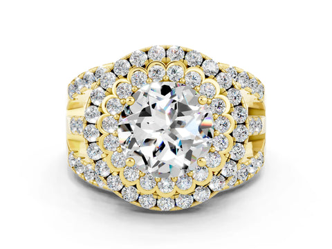 Yellow gold Double Halo Round Cut Diamond Split Shank Pave Set Ring
