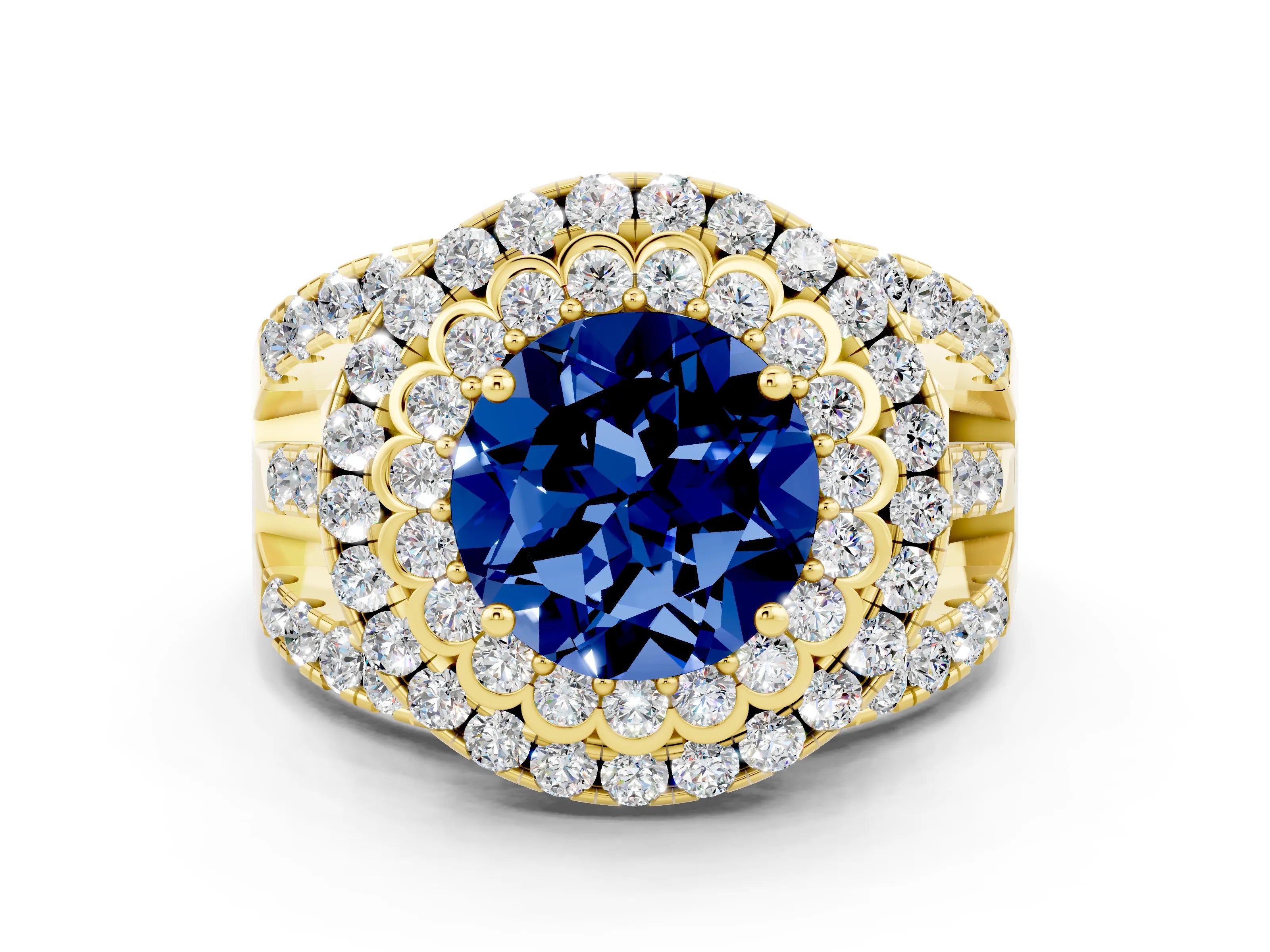 Yellow gold Double Halo Round Cut Diamond Split Shank Pave Set Ring