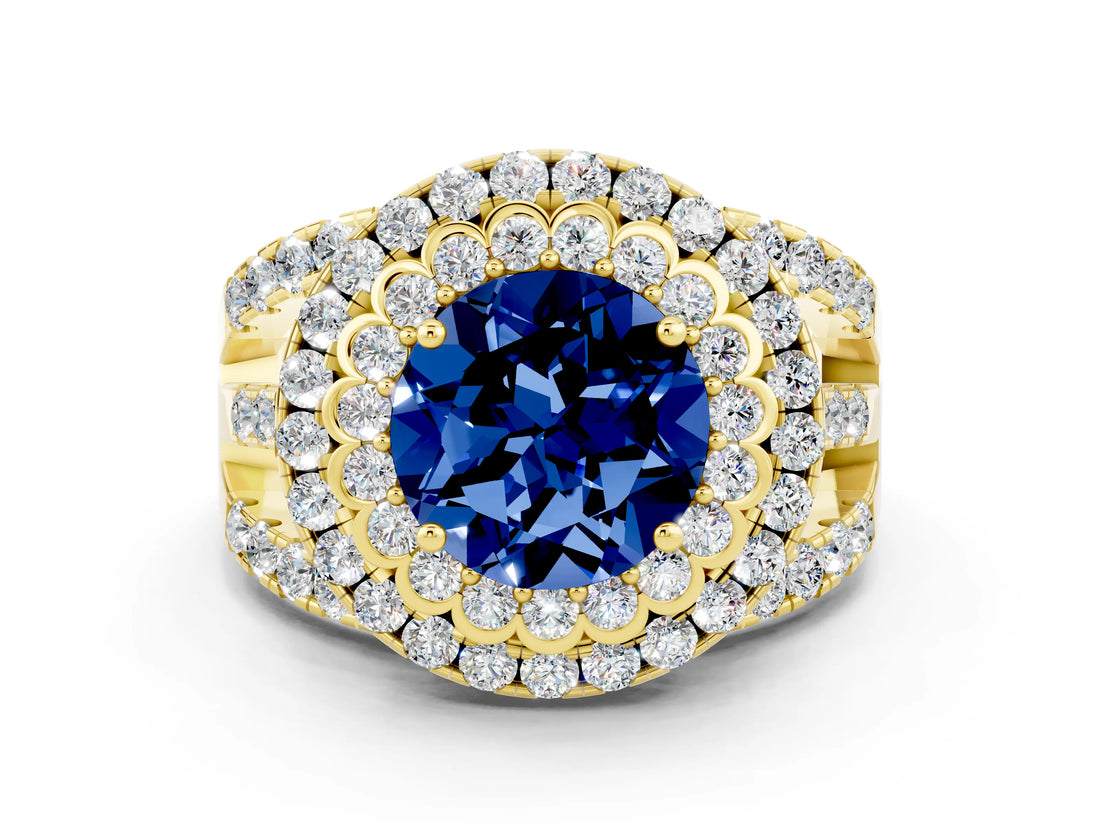 Yellow gold Double Halo Round Cut Diamond Split Shank Pave Set Ring