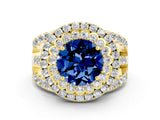 Yellow gold Double Halo Round Cut Diamond Split Shank Pave Set Ring