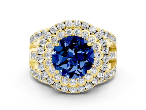 Yellow gold Double Halo Round Cut Diamond Split Shank Pave Set Ring
