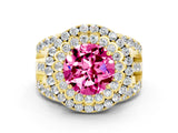 Yellow gold Double Halo Round Cut Diamond Split Shank Pave Set Ring