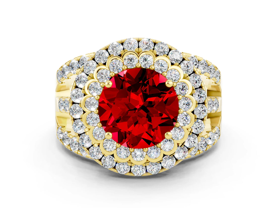 Yellow gold Double Halo Round Cut Diamond Split Shank Pave Set Ring