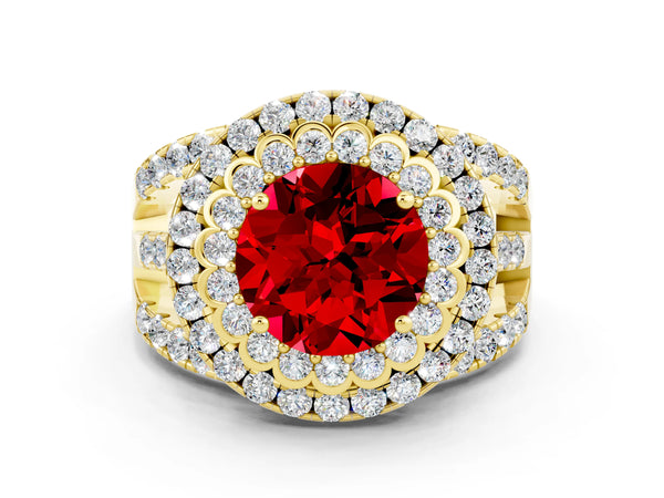 Yellow gold Double Halo Round Cut Diamond Split Shank Pave Set Ring
