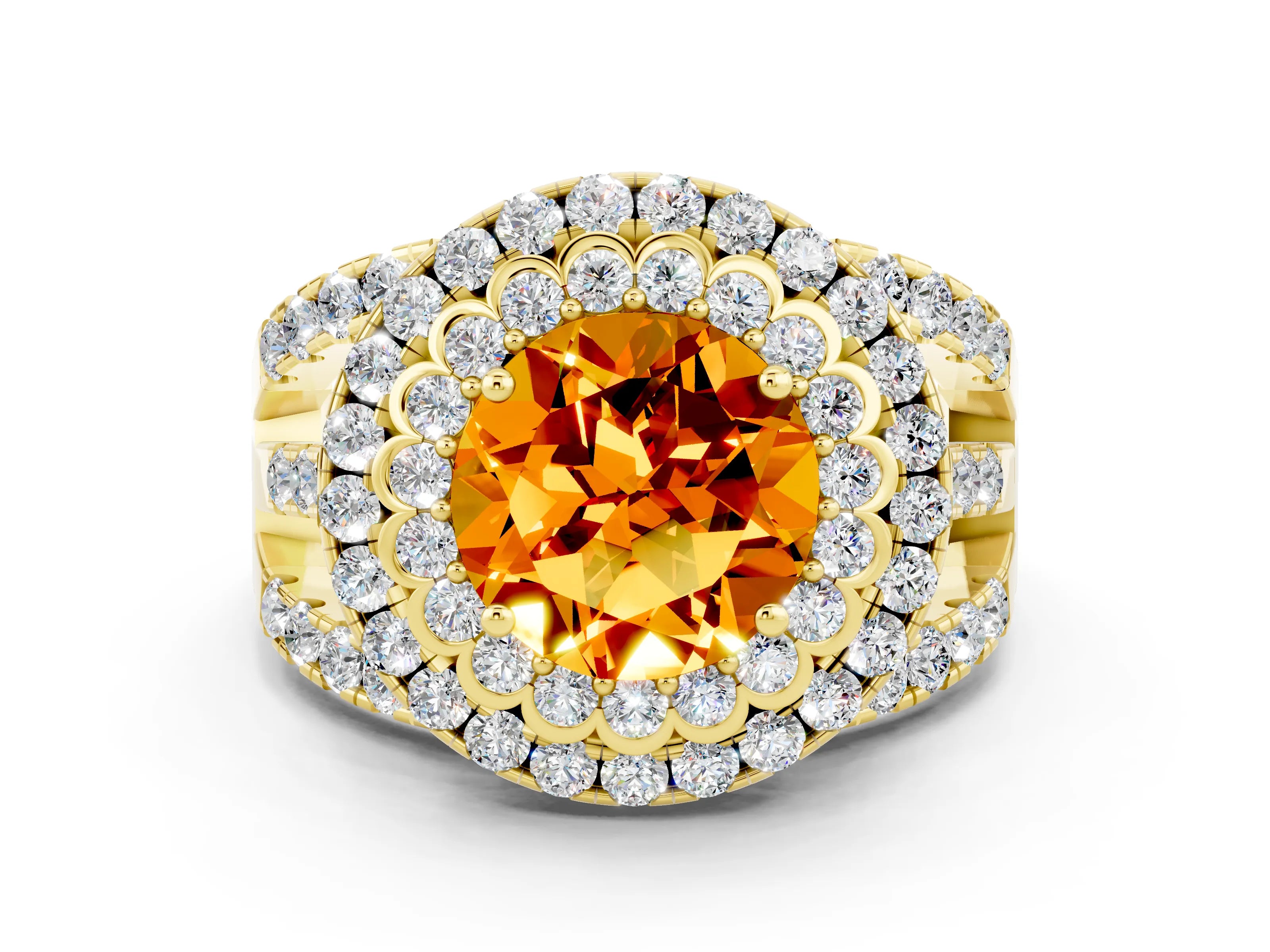 Yellow gold Double Halo Round Cut Diamond Split Shank Pave Set Ring