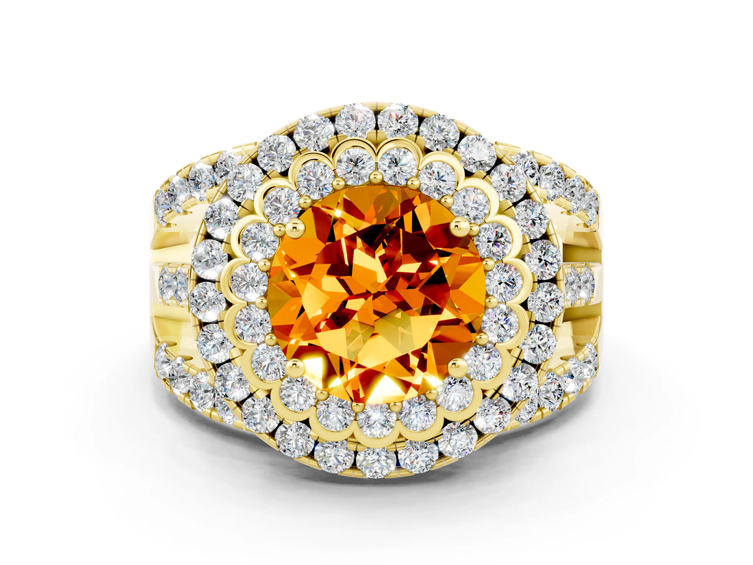 Yellow gold Double Halo Round Cut Diamond Split Shank Pave Set Ring