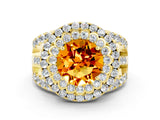 Yellow gold Double Halo Round Cut Diamond Split Shank Pave Set Ring