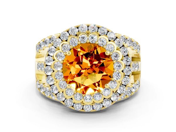 Yellow gold Round Cut Citrine Double Halo Ring with Round Pavé Split Shank and Prong Setting