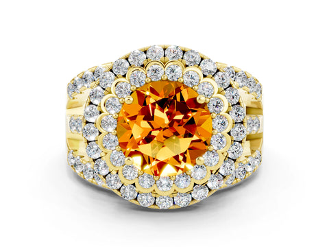 Yellow gold Double Halo Round Cut Diamond Split Shank Pave Set Ring
