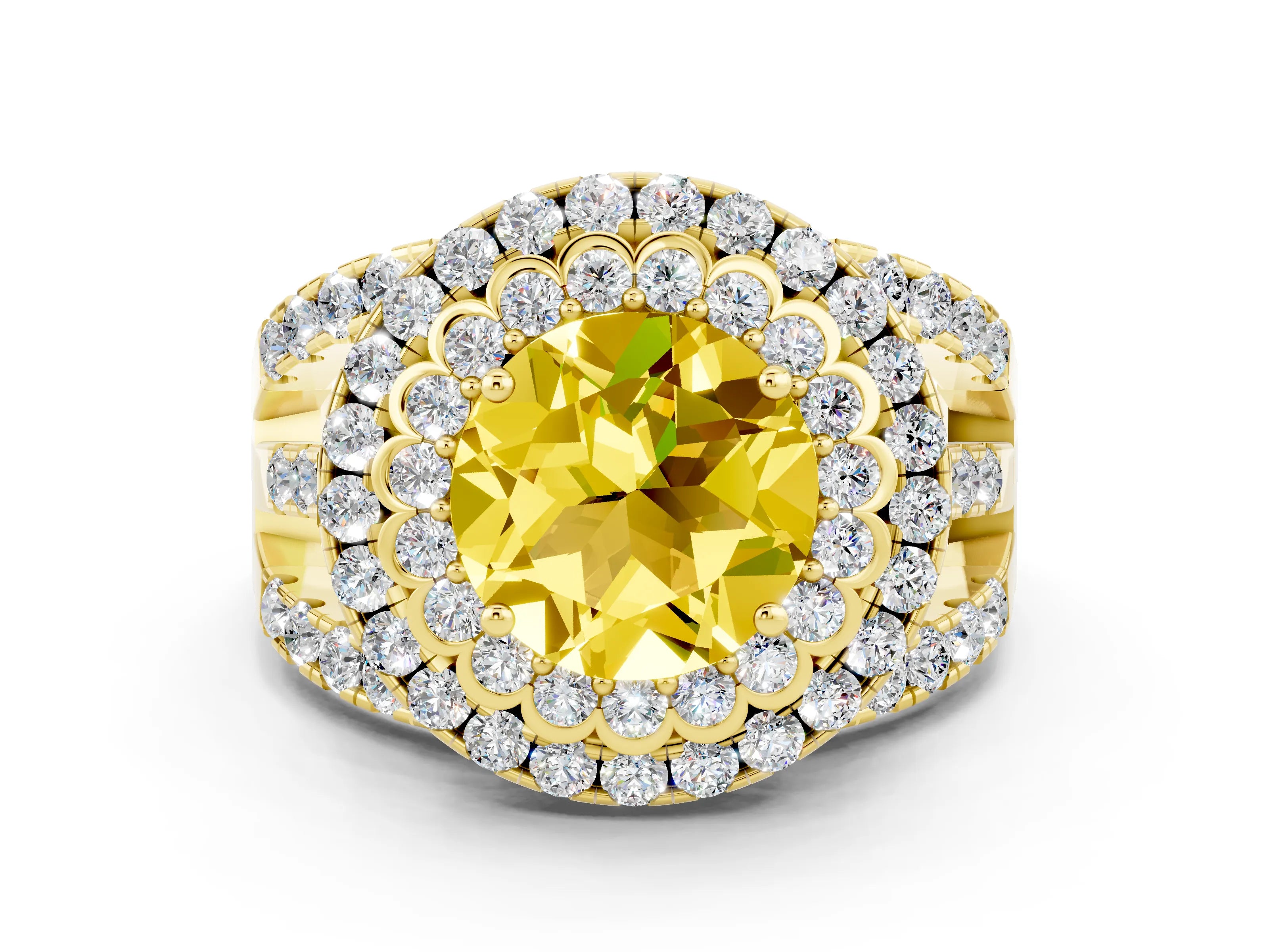 Yellow gold Double Halo Round Cut Diamond Split Shank Pave Set Ring
