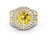 Yellow gold Double Halo Round Cut Diamond Split Shank Pave Set Ring