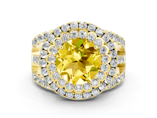 Yellow gold Round Cut Yellow Sapphire Double Halo Ring with Round Pavé Split Shank and Prong Setting