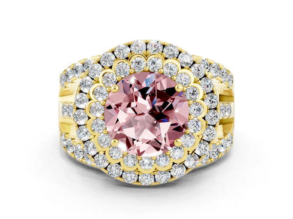 Yellow gold Double Halo Round Cut Diamond Split Shank Pave Set Ring