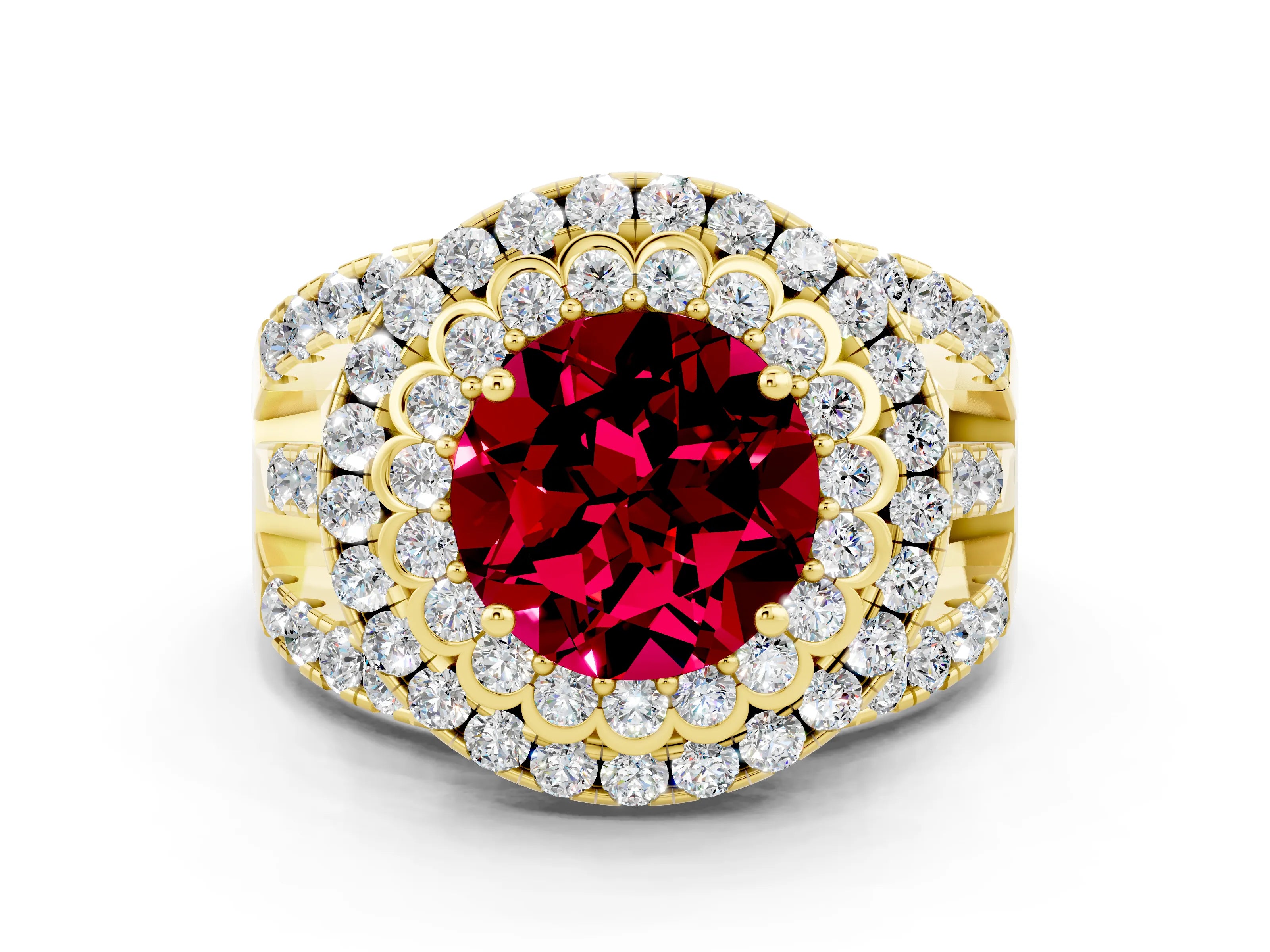 Yellow gold Double Halo Round Cut Diamond Split Shank Pave Set Ring