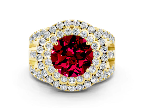 Yellow gold Round Cut Garnet Double Halo Ring with Round Pavé Split Shank and Prong Setting