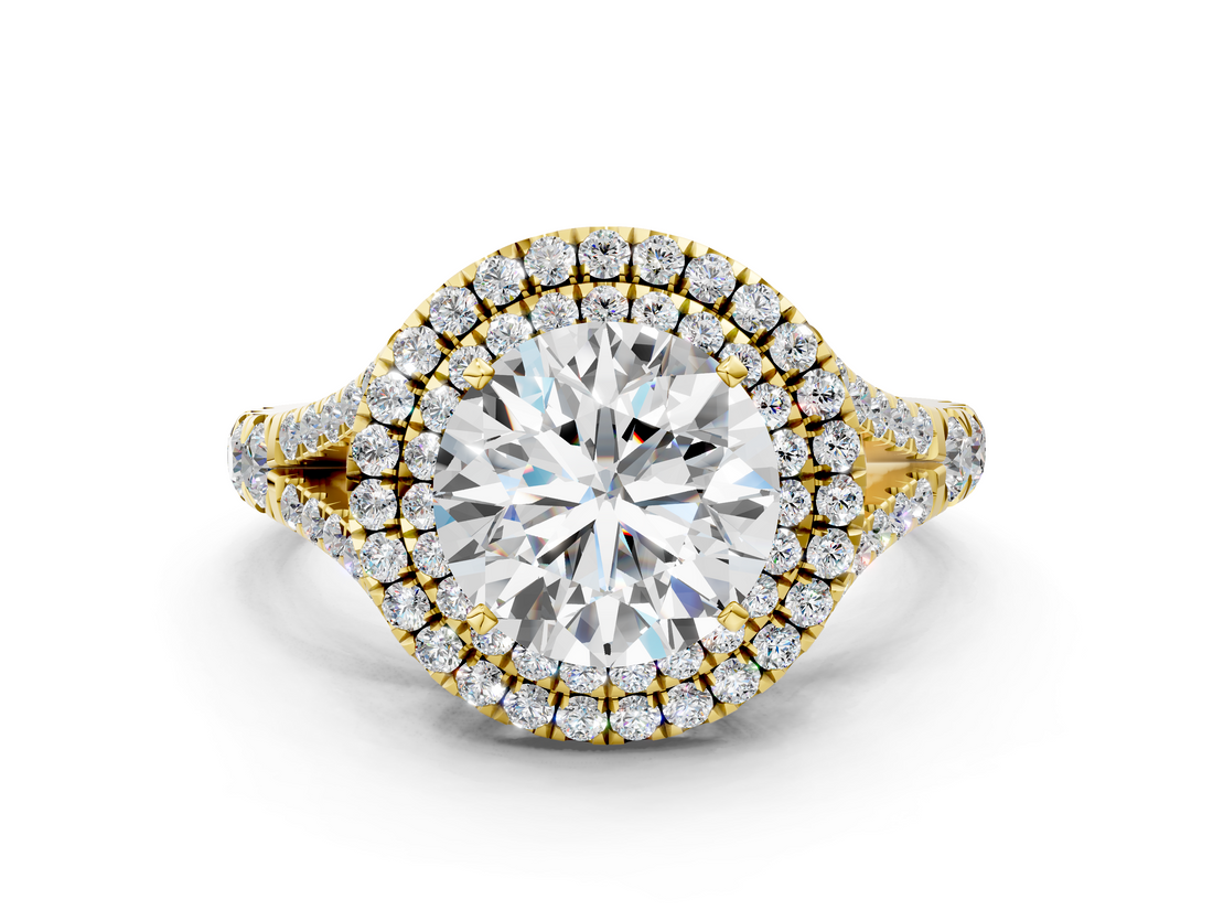 Yellow gold Double Halo Round Cut Diamond Split Shank Ring with Four Prong Setting_34