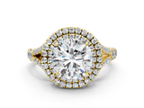 Yellow gold Double Halo Round Cut Diamond Split Shank Ring with Four Prong Setting_34