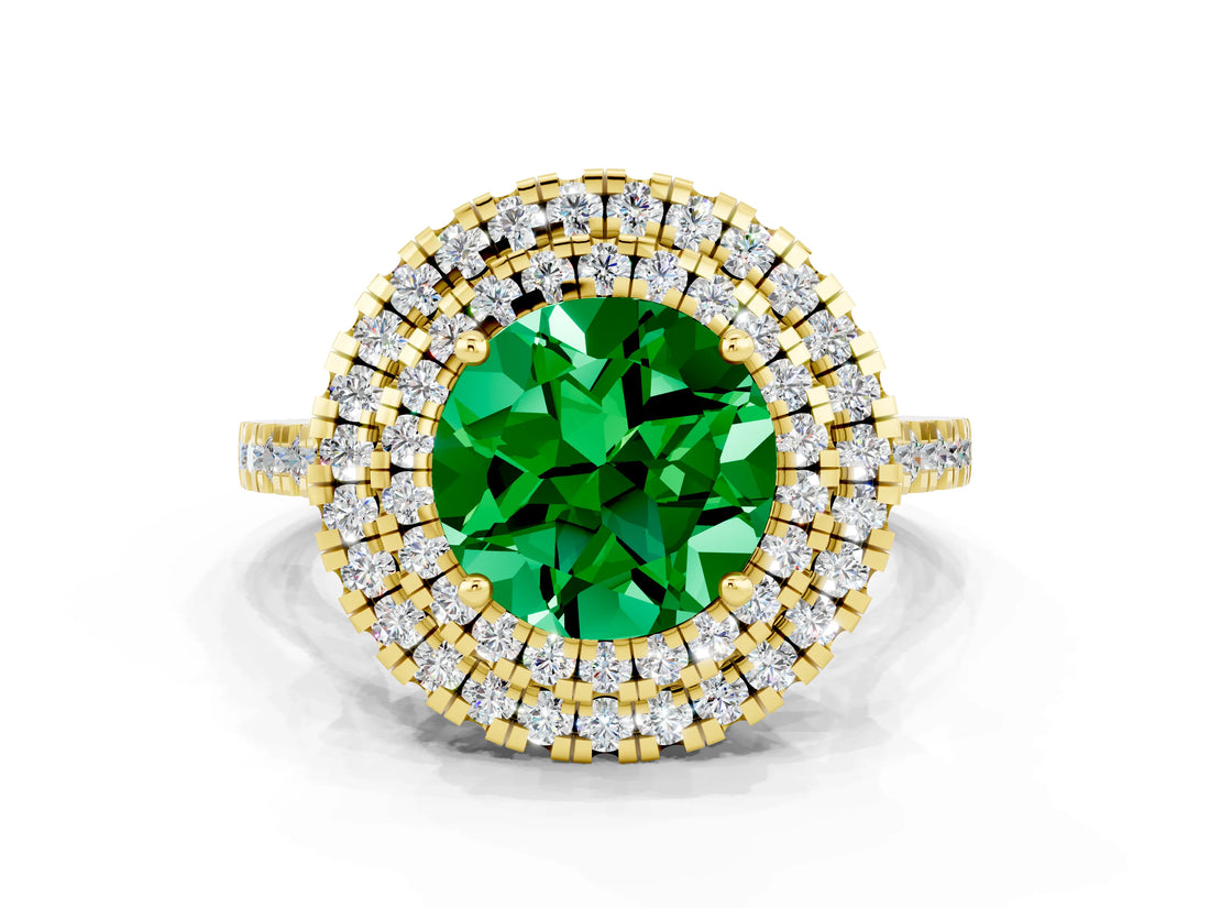 Yellow gold Double Halo Round Cut Emerald Pavé Band with Four-Prong Setting