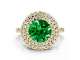 Yellow gold Double Halo Round Cut Emerald Pavé Band with Four-Prong Setting