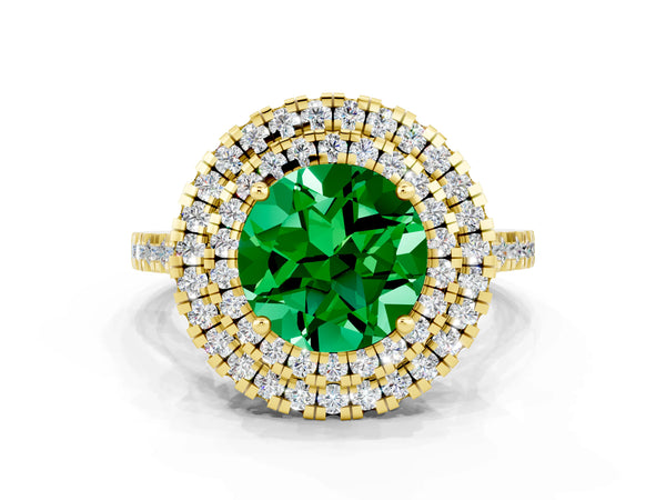 Yellow gold Double Halo Round Cut Emerald Pavé Band with Four-Prong Setting