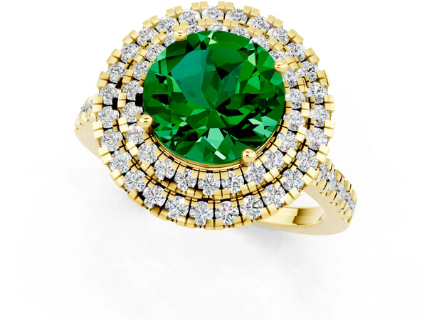 Yellow gold Double Halo Round Cut Emerald Pavé Band with Four-Prong Setting
