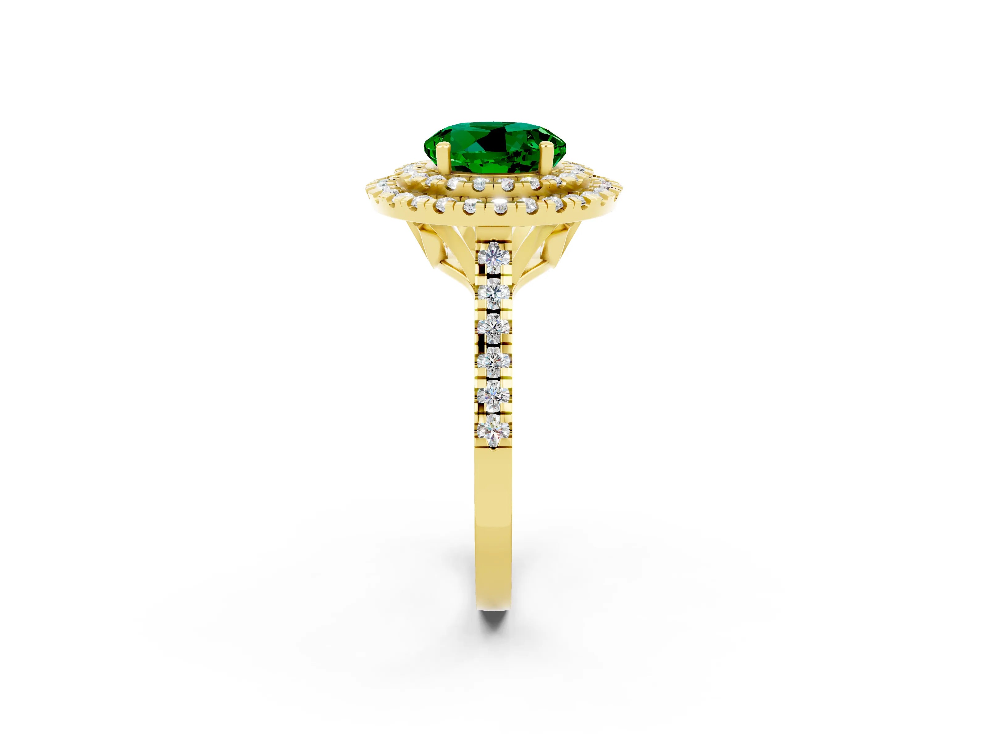 Yellow gold Double Halo Round Cut Emerald Pavé Band with Four-Prong Setting_2
