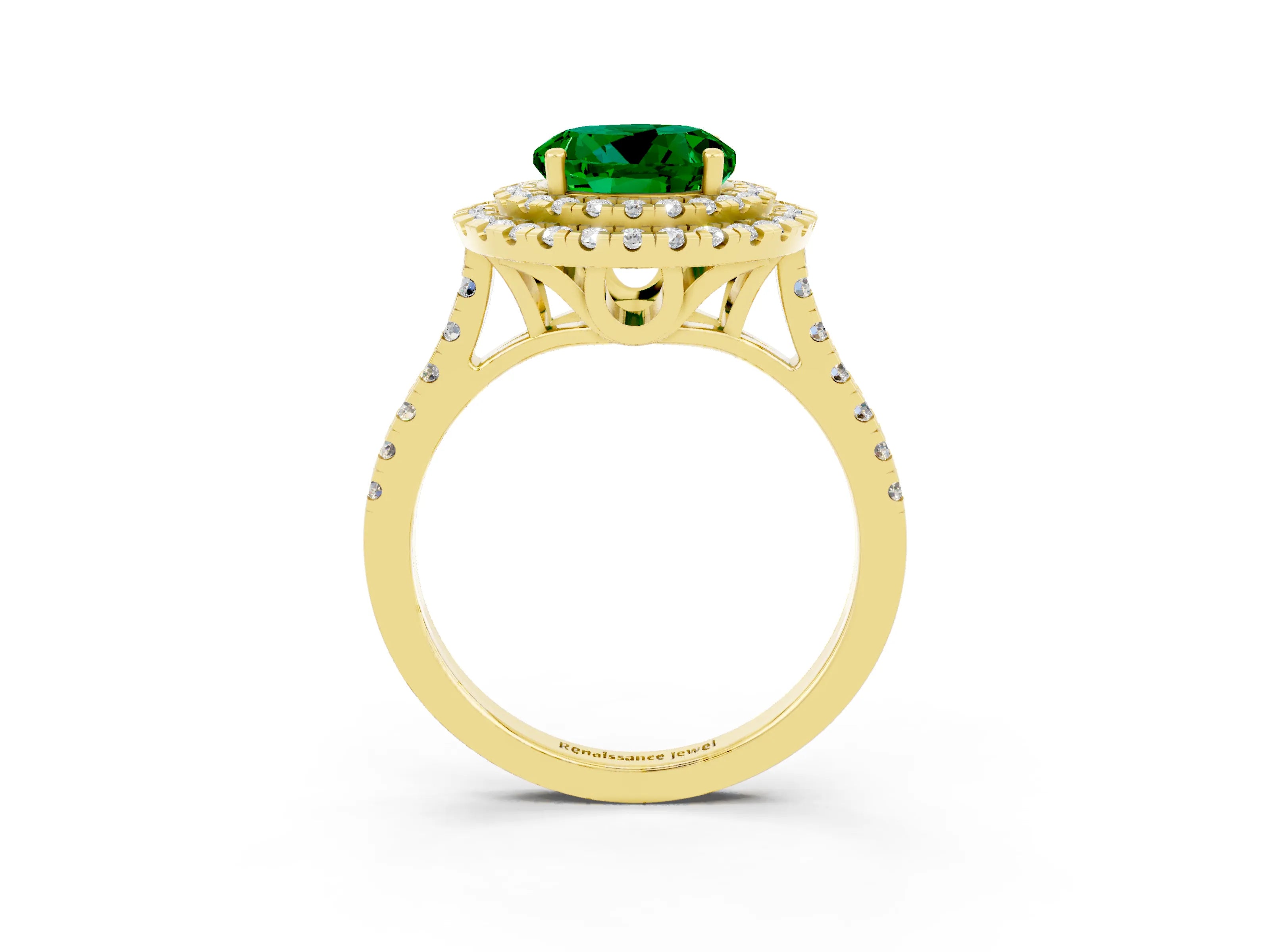 Yellow gold Double Halo Round Cut Emerald Pavé Band with Four-Prong Setting_3