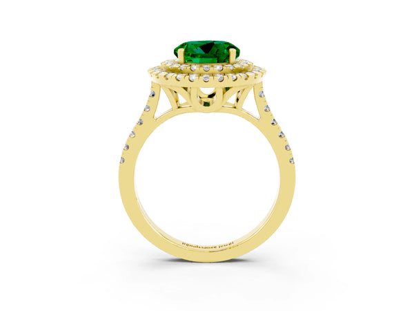 Yellow gold Double Halo Round Cut Emerald Pavé Band with Four-Prong Setting