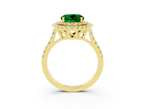 Yellow gold Double Halo Round Cut Emerald Pavé Band with Four-Prong Setting_3