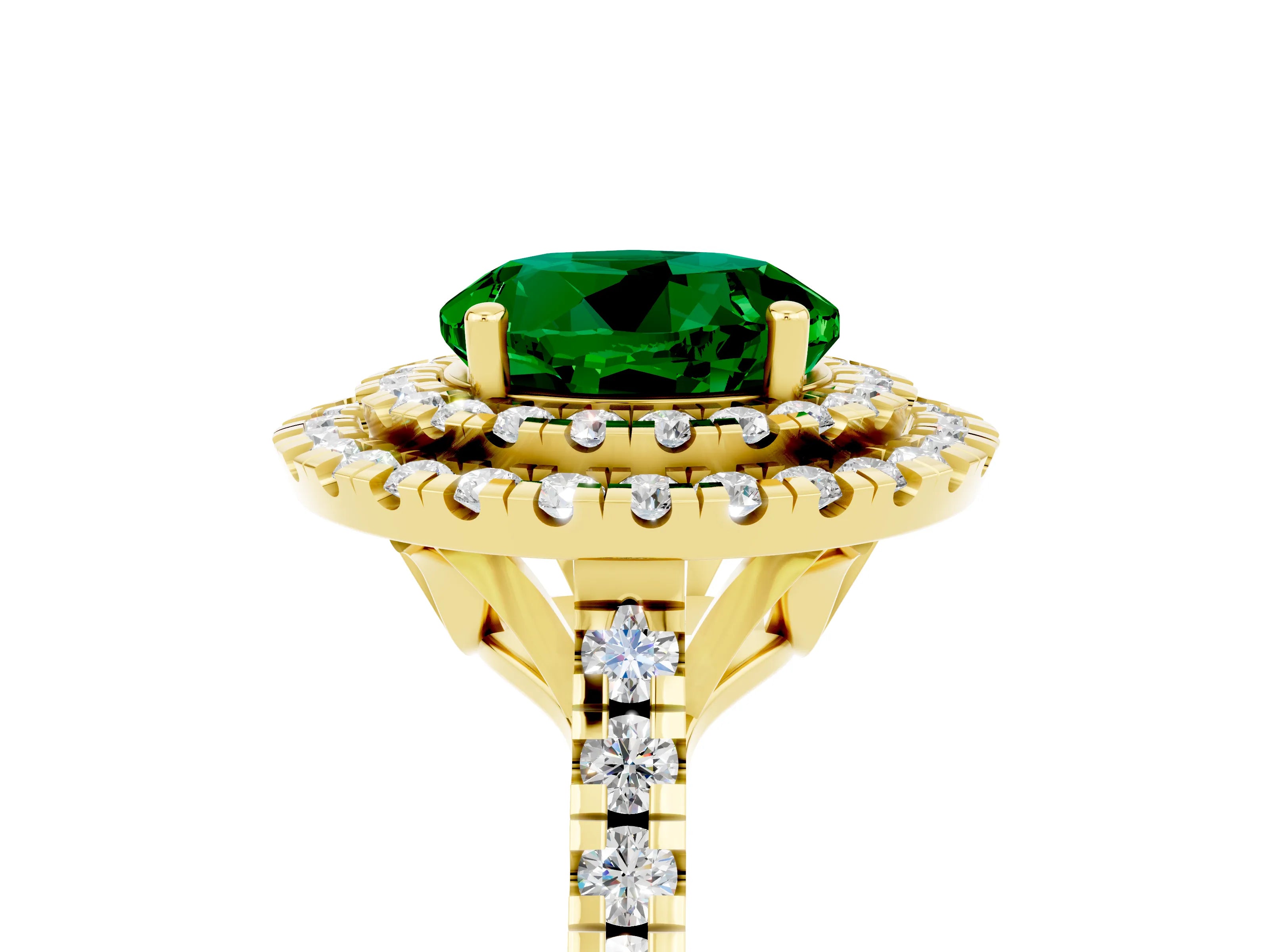 Yellow gold Double Halo Round Cut Emerald Pavé Band with Four-Prong Setting_5
