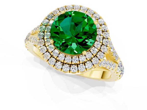 Yellow gold Double Halo Round Cut Emerald Pavé Split Shank Ring with Prong Setting