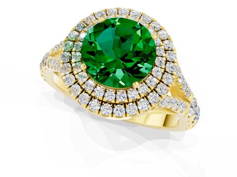 Yellow gold Double Halo Round Cut Emerald Pavé Split Shank Ring with Prong Setting_1