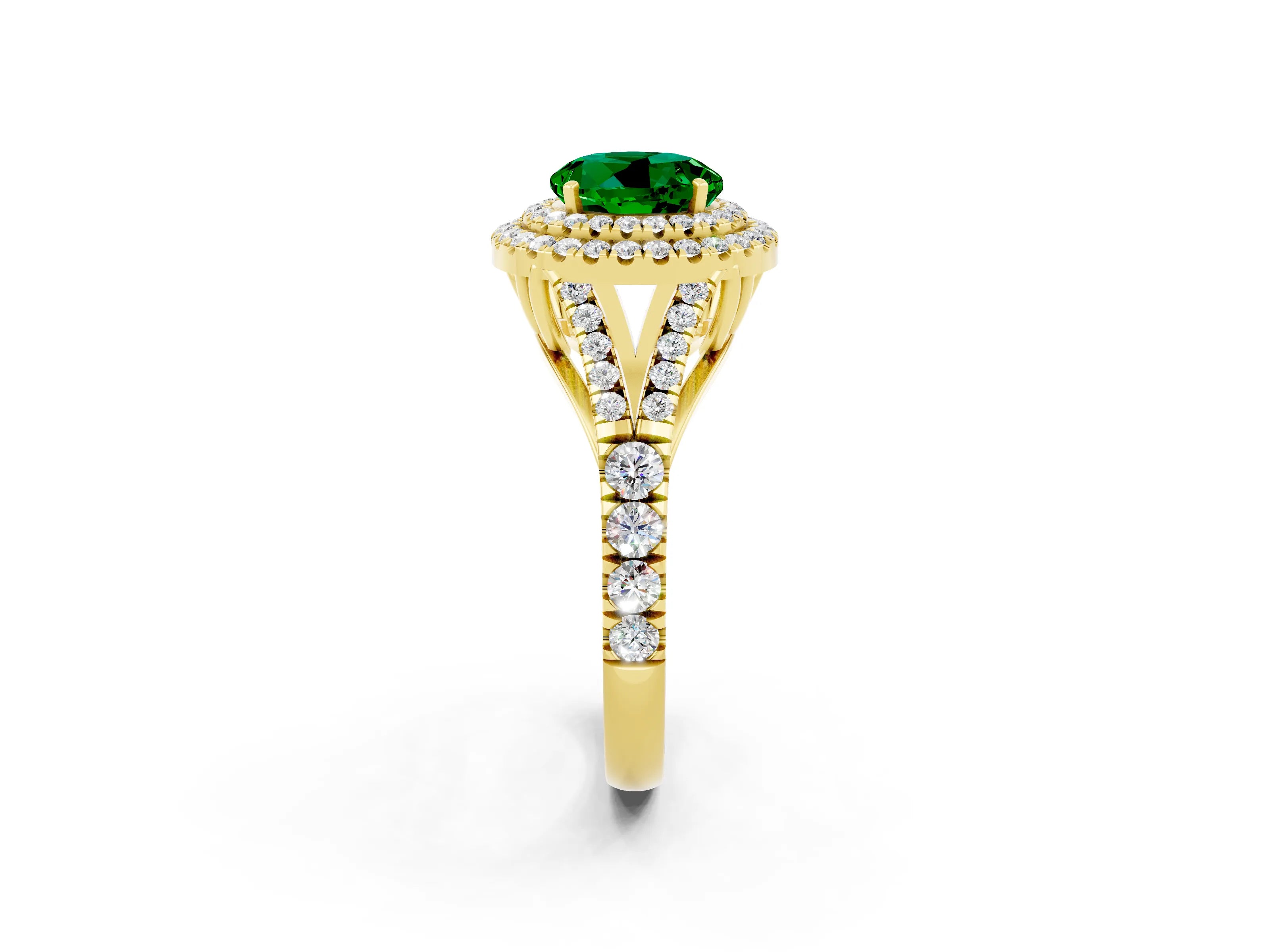 Yellow gold Double Halo Round Cut Emerald Pavé Split Shank Ring with Prong Setting_2