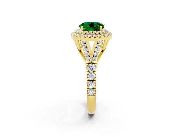 Yellow gold Double Halo Round Cut Emerald Pavé Split Shank Ring with Prong Setting